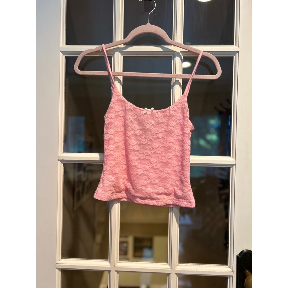 White Fox Pink Textured Ruched Cami Crop Top Spaghetti Strap Y2K Small